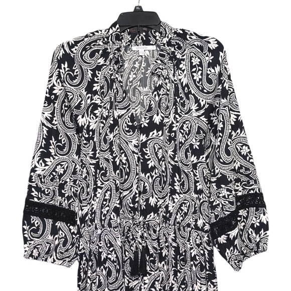 Chico's Paisley Black White Crochet Detail Ruffle Maxi Dress Women's Size 14 - Picture 8 of 14